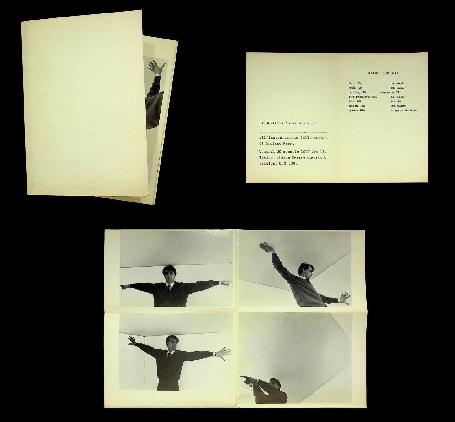 Pieghevole della mostra personale di Luciano Fabro alla Galleria Notizie, Torino, 1967, con visibile In-Cubo, 1966. Courtesy: Archivio Luciano Fabro