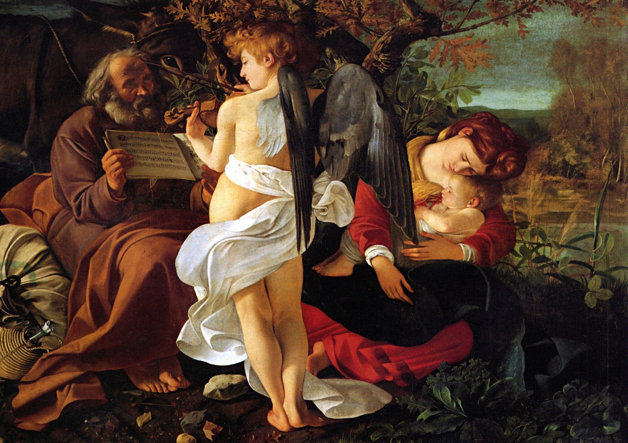 Michelangelo Merisi detto Caravaggio, Riposo durante la fuga in Egitto, 1595-1596 (Galleria Dora Pamphilj, Roma) Michelangelo Merisi detto Caravaggio, Riposo durante la fuga in Egitto, 1595-1596 (Galleria Dora Pamphilj, Roma)