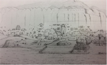 Schizzo che rappresenta la vallata e le grotte attorno al grande Buddha di Bamyan in Afghanistan, eseguito da Charles Masson. Londra, British Library, India Office Archive and Collection, Ms. Eur. G40, f. 31