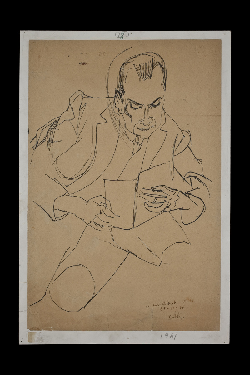 Renato Guttuso, Ritratto di Alberto Moravia, 1941, inchiostro su carta, Casa Museo Alberto Moravia, © Roma Capitale, Sovrintendenza Capitolina (fotografia Alessandro Milana)