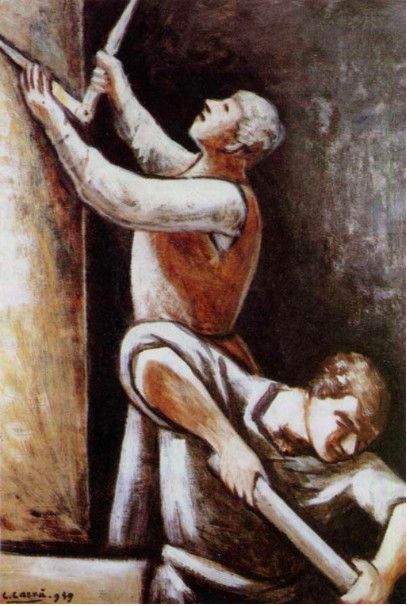 Carlo Carrà (Quargnento, AL, 1881 – Milano, 1966), Costruttori, 1949 (particolare), olio su tela, Forlì, Palazzo Romagnoli, Collezione Verzocchi – p. 110 Carlo Carrà (Quargnento, AL, 1881 – Milano, 1966), Costruttori, 1949 (particolare), olio su tela, Forlì, Palazzo Romagnoli, Collezione Verzocchi – p. 110