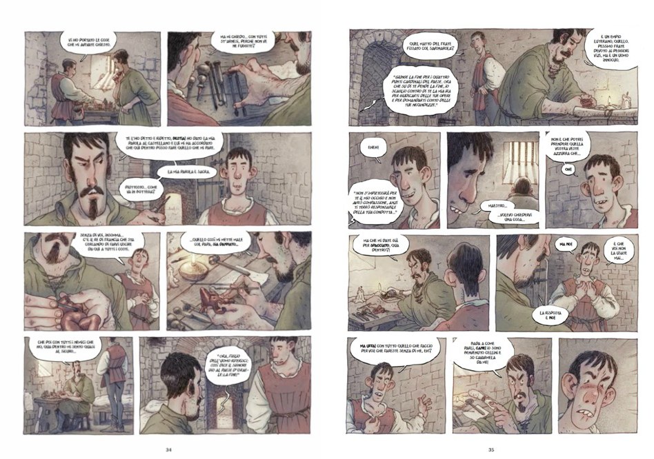 Filippo Rossi, Vincenzo Bizzarri, Benvenuto Cellini, china, acquerello e colorazione digitale, pp. 34-35 Filippo Rossi, Vincenzo Bizzarri, Benvenuto Cellini, china, acquerello e colorazione digitale, pp. 34-35