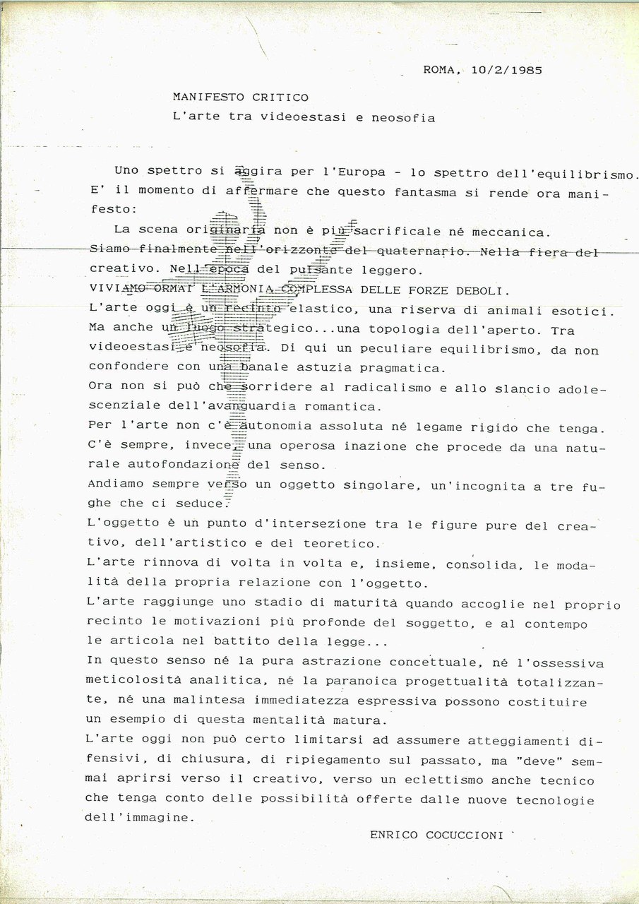 Enrico Cocuccioni, Manifesto critico. L’arte tra videostasi e neosofia, 1985, dattiloscritto, Archivio Il Pulsante Leggero Enrico Cocuccioni, Manifesto critico. L’arte tra videostasi e neosofia, 1985, dattiloscritto, Archivio Il Pulsante Leggero