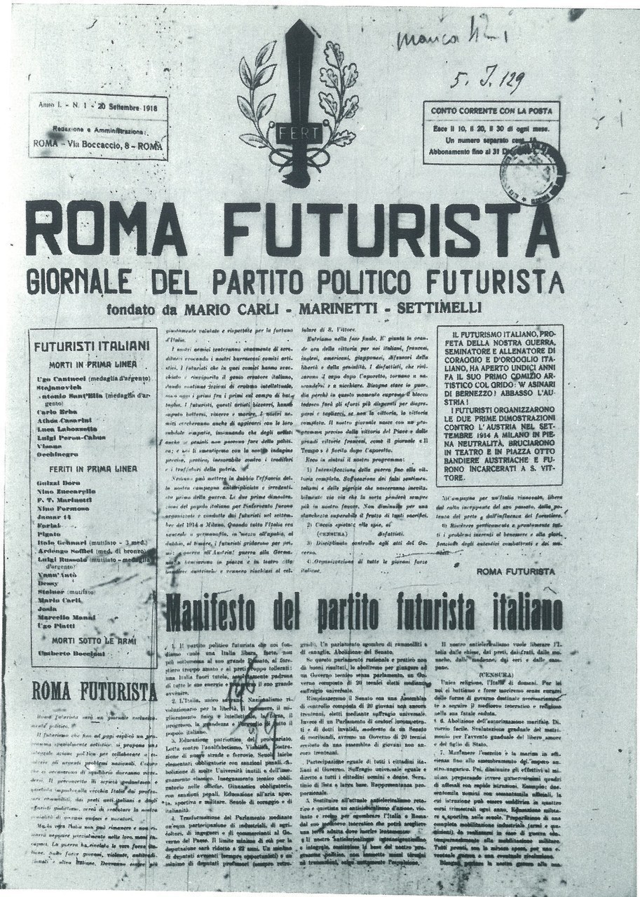 Primo numero del periodico Roma Futurista (1918-1920) fondato da F.T. Marinetti, M. Carli e E. Settimelli, 20 settembre 1918 Primo numero del periodico Roma Futurista (1918-1920) fondato da F.T. Marinetti, M. Carli e E. Settimelli, 20 settembre 1918