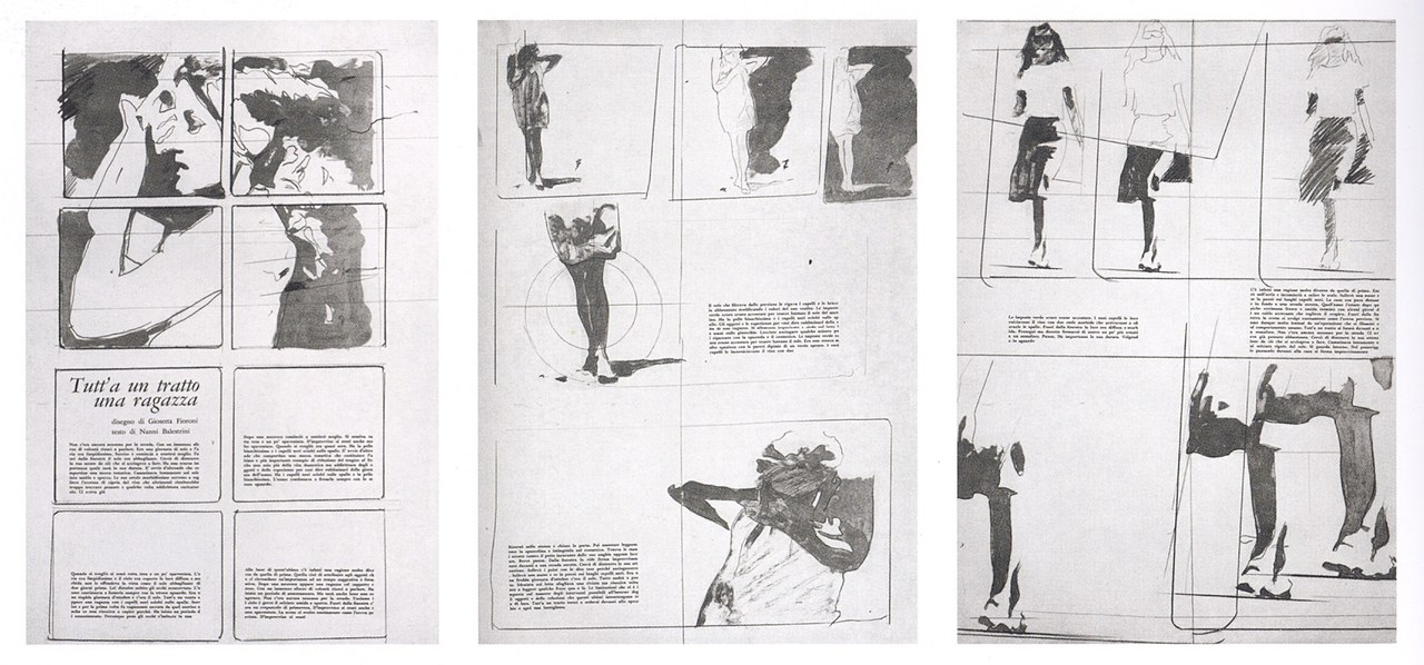 Tutt’a un tratto una ragazza, disegno di Giosetta Fioroni e testo di Nanni Balestrini, in La botte e il violino, marzo 1965 Tutt’a un tratto una ragazza, disegno di Giosetta Fioroni e testo di Nanni Balestrini, in La botte e il violino, marzo 1965