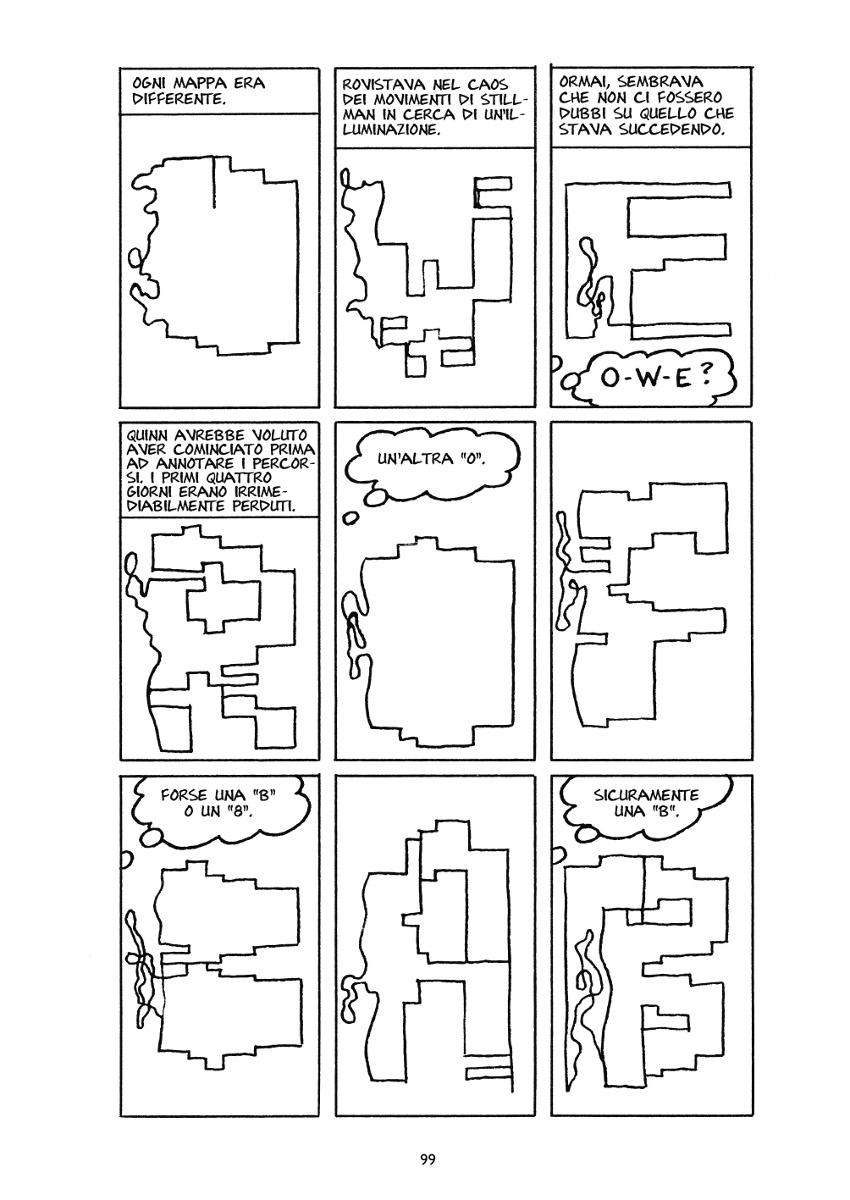 Tavola da Città di vetro di Paul Auster, Paul Karasik e David Mazzucchelli; copyright per l'edizione italiana © Coconino Press 2005, 2011