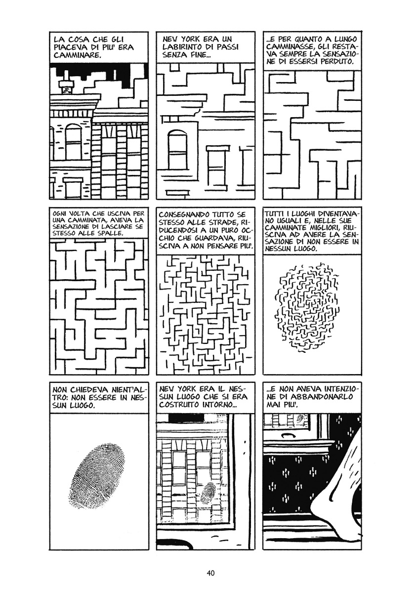 Tavola da Città di vetro di Paul Auster, Paul Karasik e David Mazzucchelli; copyright per l'edizione italiana © Coconino Press 2005, 2011