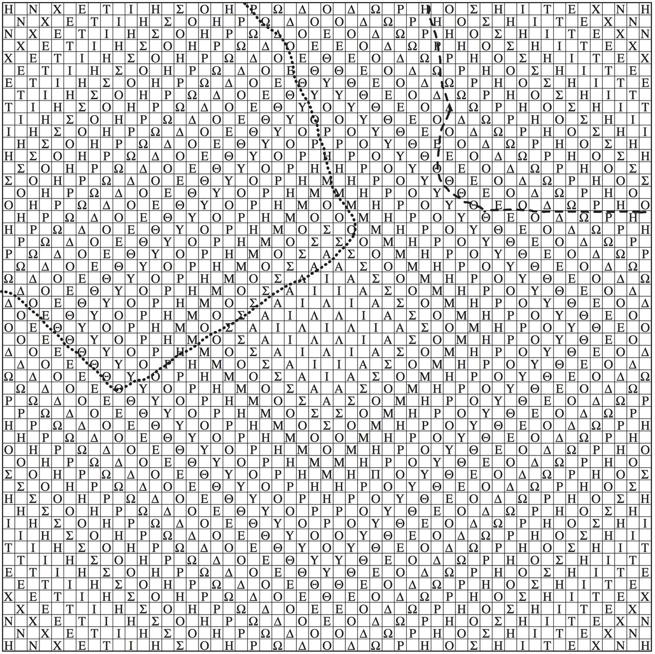  Reconstruction of the ‘magic square’ on the reverse of two early Imperial Tabulae Iliacae (left – New York, Metropolitan Museum of Art, inv. 24.97.11; right – Paris, Cabinet des Médailles, Département des Monnaies, Médailles et Antiques, Bibliothèque Nationale de France, inv. 3118). Starting from the central iota, the text reads Ἰλι]ὰς Ὁμήρου Θεοδώρηος ἡ{ι} τέχνη (‘The Iliad of Homer: the art [techne] is Theodorean’). (Reconstruction by M. J. Squire)