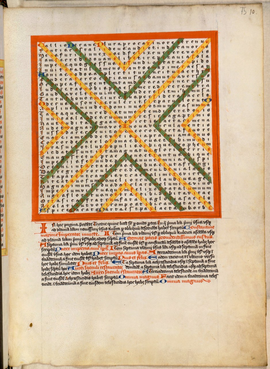 Optatian, poem. 10, as presented in Codex Parisinus 8916, folio 75r (Paris, Bibliothèque nationale de France); fifteenth century. (© Bibliothèque nationale de France, Paris) Optatian, poem. 10, as presented in Codex Parisinus 8916, folio 75r (Paris, Bibliothèque nationale de France); fifteenth century. (© Bibliothèque nationale de France, Paris)