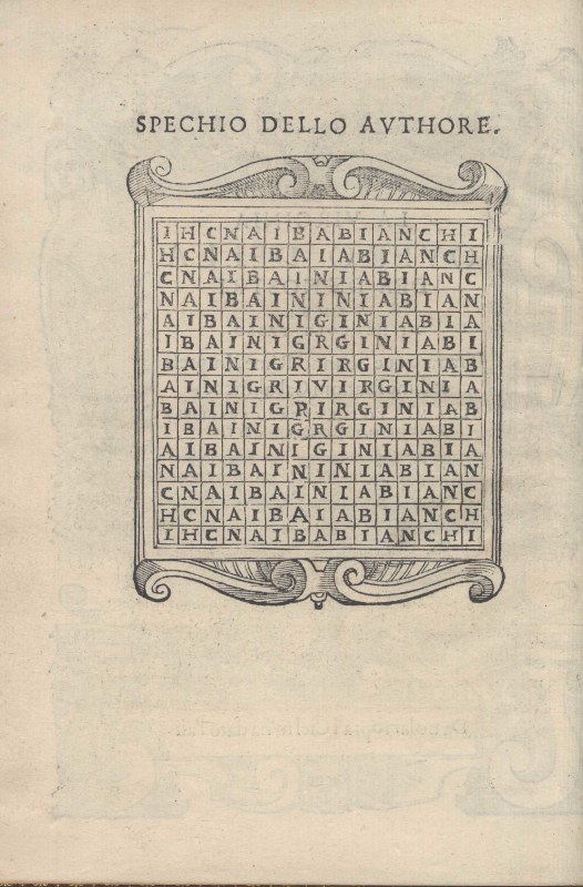 Ercole Tasso, «SPECHIO DELLO AVTHORE», from La Virginia overo della dea de’ nostri tempi. Trattato ove si hanno Rime, Imprese e dimostrazioni Cabalistiche, Bergamo, Comin Ventura, 1593, c. A1v. (© Fondazione Giorgio Cini - FOAN TES 701) Ercole Tasso, «SPECHIO DELLO AVTHORE», from La Virginia overo della dea de’ nostri tempi. Trattato ove si hanno Rime, Imprese e dimostrazioni Cabalistiche, Bergamo, Comin Ventura, 1593, c. A1v. (© Fondazione Giorgio Cini - FOAN TES 701)