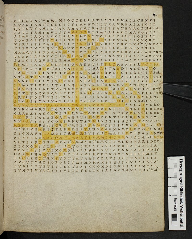 Optatian, poem 19, as presented in Codex Augustaneus 9 Guelferbytanus, folio 4r (Wolfenbüttel, Herzog August Bibliothek); sixteenth century. (© Herzog August Bibliothek, Wolfenbüttel) Optatian, poem 19, as presented in Codex Augustaneus 9 Guelferbytanus, folio 4r (Wolfenbüttel, Herzog August Bibliothek); sixteenth century. (© Herzog August Bibliothek, Wolfenbüttel)
