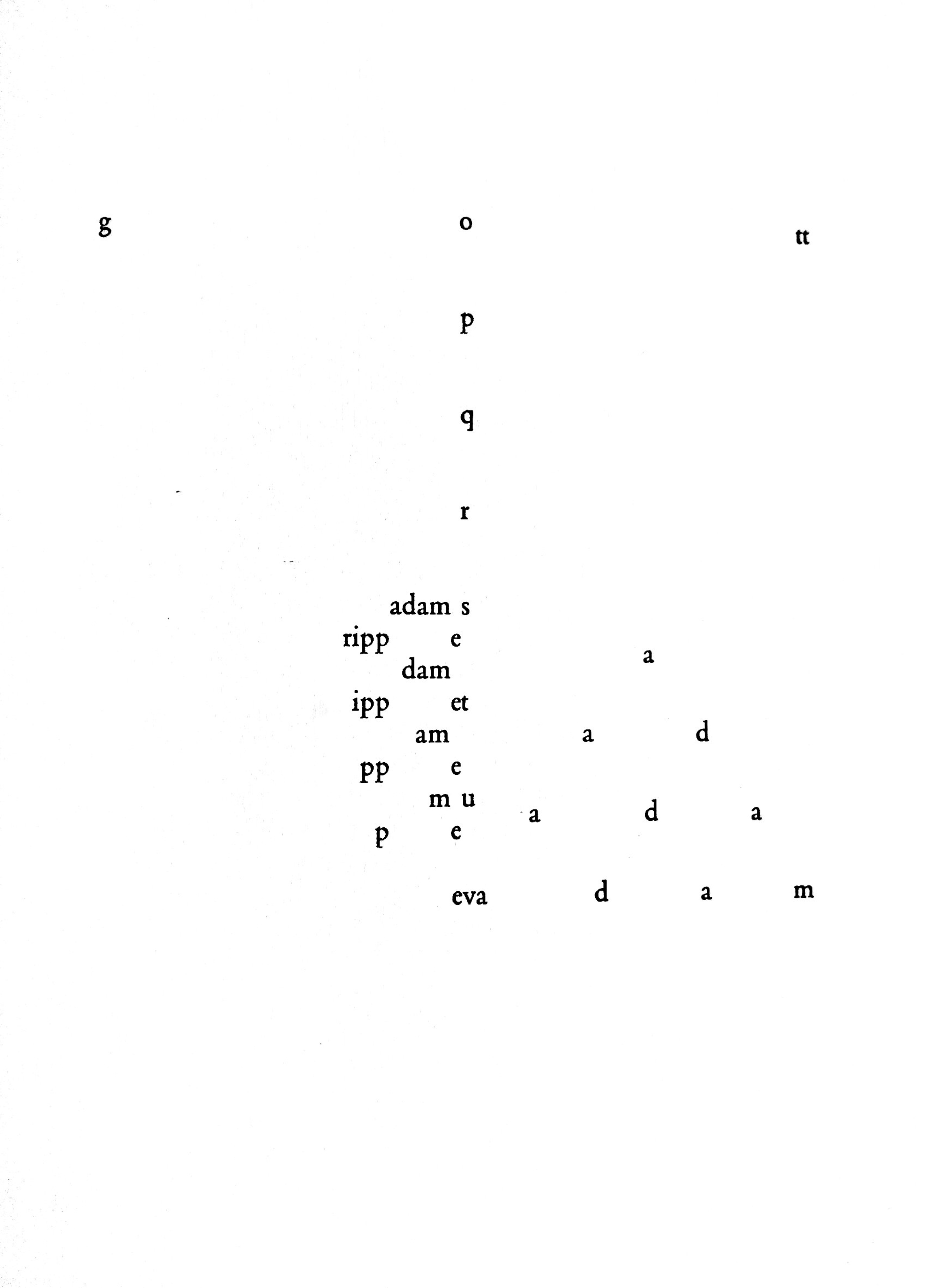 Ernst Jandl, ‘Erschaffung der Eva’ (1957), in M.E. Solt (ed. by), Concrete Poetry. A World View, Bloomington, Indiana University Press, 1968, p. 129 Ernst Jandl, ‘Erschaffung der Eva’ (1957), in M.E. Solt (ed. by), Concrete Poetry. A World View, Bloomington, Indiana University Press, 1968, p. 129