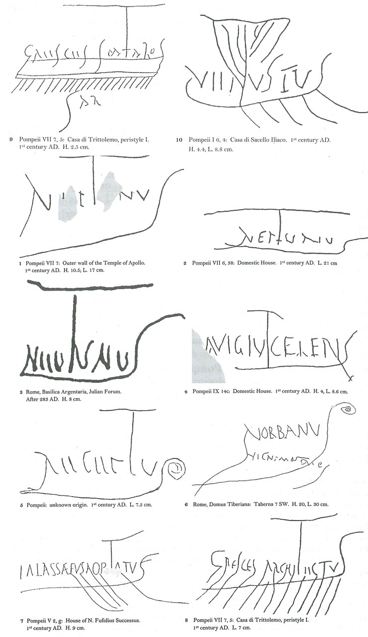 Selection of 10 ship-shaped name-graffiti from early Imperial Rome and Pompeii. (After Lagner 2001: Tafeln 1-2) Selection of 10 ship-shaped name-graffiti from early Imperial Rome and Pompeii. (After Lagner 2001: Tafeln 1-2)