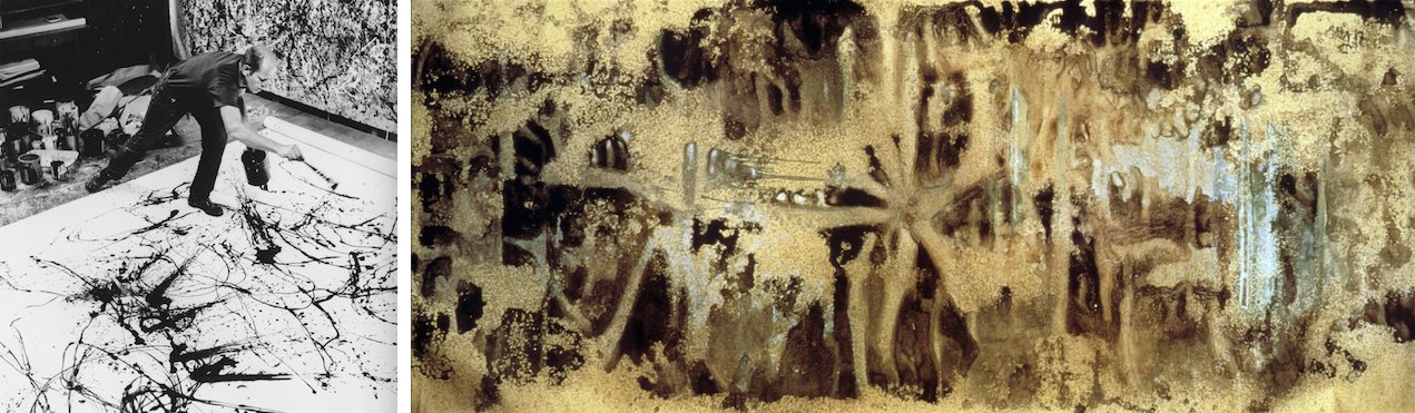 Jackson Pollock nel 1950 mentre realizza una delle sue opere con la tecnica del “dripping” - Andy Warhol, Oxidation Painting, 1978 Jackson Pollock nel 1950 mentre realizza una delle sue opere con la tecnica del “dripping” - Andy Warhol, Oxidation Painting, 1978
