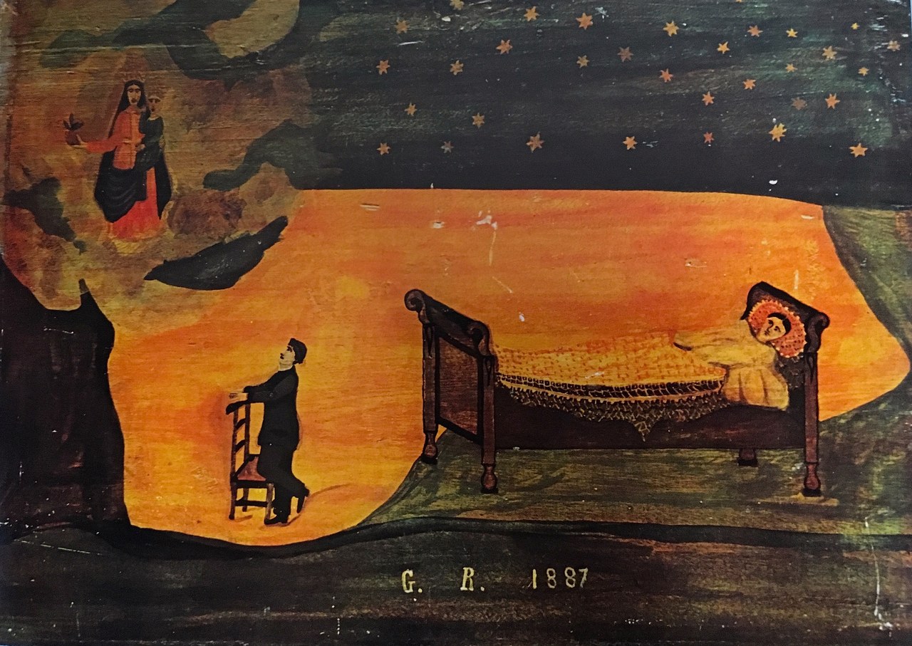 Ex-voto del 1887, olio su legno, cm. 42x31, proveniente dal santuario della Madonna del Pilone, Moretta (Cuneo) Ex-voto del 1887, olio su legno, cm. 42x31, proveniente dal santuario della Madonna del Pilone, Moretta (Cuneo)