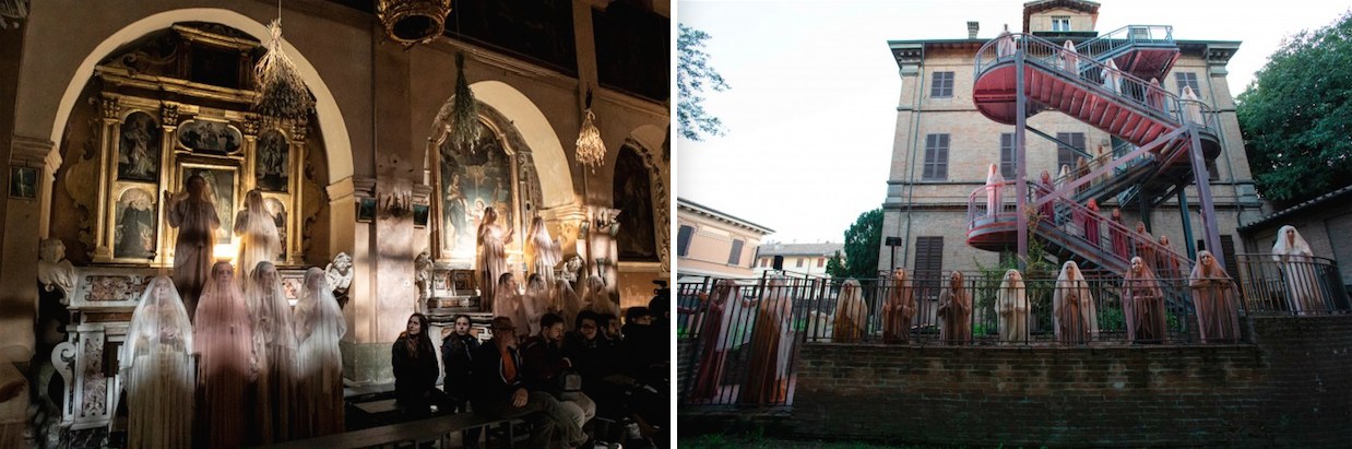 A sinistra: a Matera, le donne morte di morte violenta | A destra: lo stesso coro nella versione ravennate (foto di M. Caselli Nirmal e di S. Lelli) A sinistra: a Matera, le donne morte di morte violenta | A destra: lo stesso coro nella versione ravennate (foto di M. Caselli Nirmal e di S. Lelli)