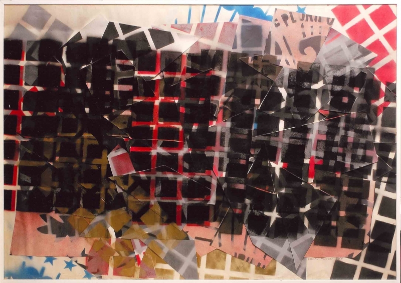 Franco Angeli, Senza titolo (1968), collage e spray su carta. Courtesy Archivio Franco Angeli Franco Angeli, Senza titolo (1968), collage e spray su carta. Courtesy Archivio Franco Angeli