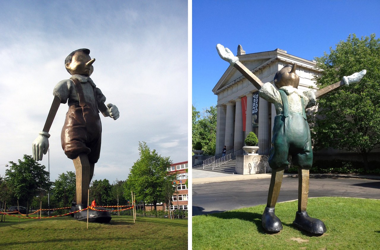 Fig. 1a. Thirty-foot high bronze figure of Pinocchio &ndash; Boras. Fig. 1b.&nbsp;Twelve-foot high bronze statue of Pinocchio &ndash; Cincinnati
