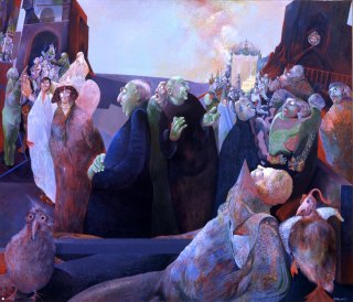 Antonio Calascibetta, Processioni e processi, acrilico su tavola, 1975