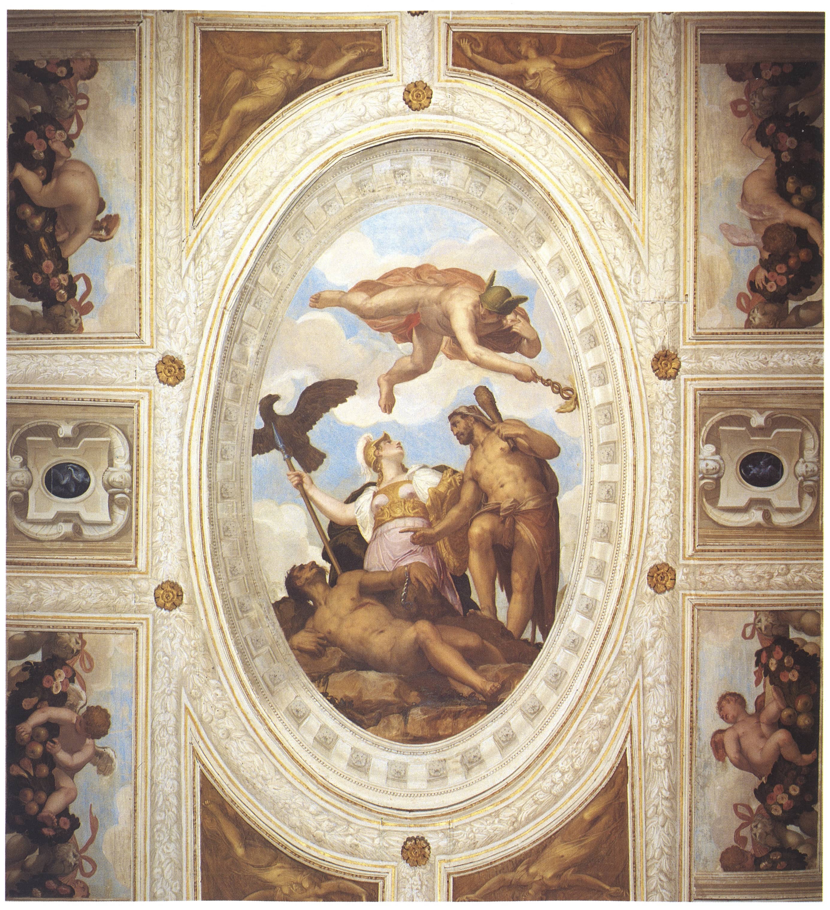 Battista Zelotti, Prometeo, Ercole, Minerva e Mercurio, 1560-1565 circa, Villa Godi Malinverni, soffitto della Stanza dei Trionfi, Lonedo di Lugo di Vicenza (VI) Battista Zelotti, Prometeo, Ercole, Minerva e Mercurio, 1560-1565 circa, Villa Godi Malinverni, soffitto della Stanza dei Trionfi, Lonedo di Lugo di Vicenza (VI)