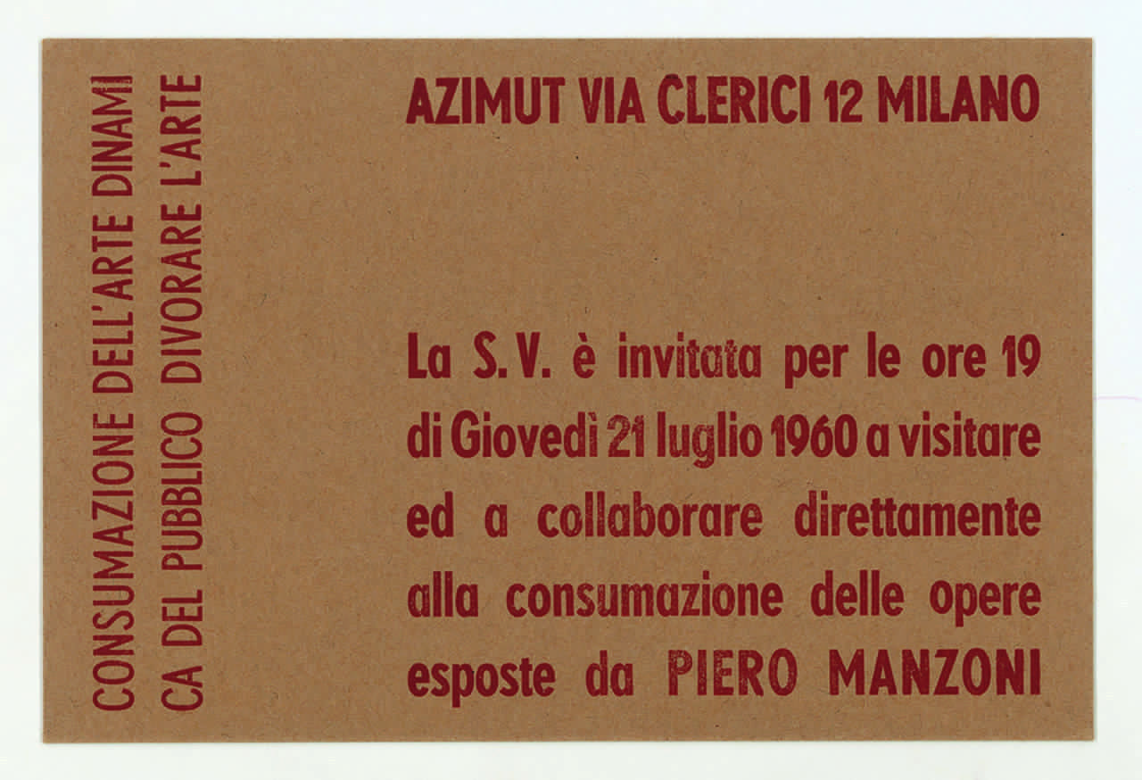 Invito alla mostra Consumazione dell&rsquo;arte dinamica del pubblico Divorare l&rsquo;arte, 21 luglio 1960, Milano, Azimut
