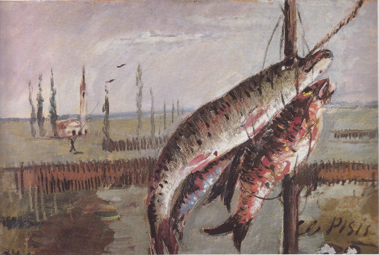 Filippo de Pisis, Natura morta col luccio, o Pesci nel paesaggio di Pomposa, 1928