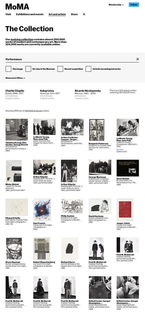  La première page des résultats de recherche avec le mot-clé performance dans les collections mises en ligne du MoMA, https://www.moma.org/collection/ [capture d’écran le 25 février 2025> 