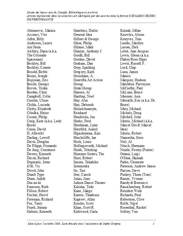  Liste des artistes représentés dans la collection Art Metropole par des œuvres dans le format scénarios/textes de performances déposées dans la Bibliothèque et Archives du MBAC, https://www.gallery.ca/research/library-archives/search-the-art-metropole-catalogue [téléchargé le 25 février 2025> 