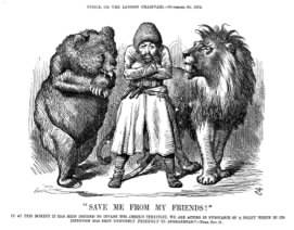 Vignetta satirica del Punch del 30 Novembre 1878. In centro è raffigurato l’emiro dell’Afghanistan a braccia incrociate, stretto tra l’orso, personificazione dell’impero russo e dal leone britannico Vignetta satirica del Punch del 30 Novembre 1878. In centro è raffigurato l’emiro dell’Afghanistan a braccia incrociate, stretto tra l’orso, personificazione dell’impero russo e dal leone britannico
