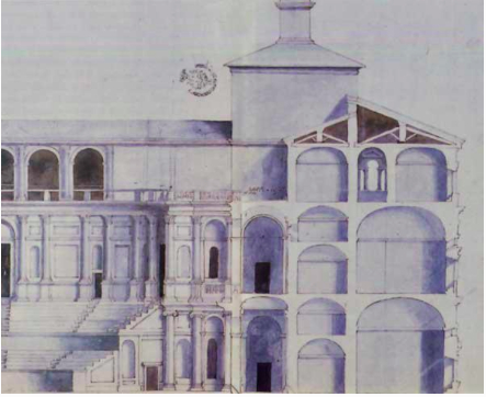   Jacopo Barozzi detto il Vignola (Vignola, 1507 – Roma, 1573), La metà della parte del Teatro nel cortile, et stanze a canto (particolare), disegno acquarellato a inchiostro, Archivio di Stato di Parma, Fabbriche ducali e fortificazioni, b, 8, fasc. I.14 – p. 122