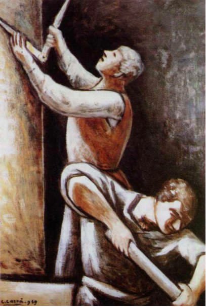 Carlo Carrà (Quargnento, AL, 1881 – Milano, 1966), Costruttori, 1949 (particolare), olio su tela, Forlì, Palazzo Romagnoli, Collezione Verzocchi – p. 110 Carlo Carrà (Quargnento, AL, 1881 – Milano, 1966), Costruttori, 1949 (particolare), olio su tela, Forlì, Palazzo Romagnoli, Collezione Verzocchi – p. 110
