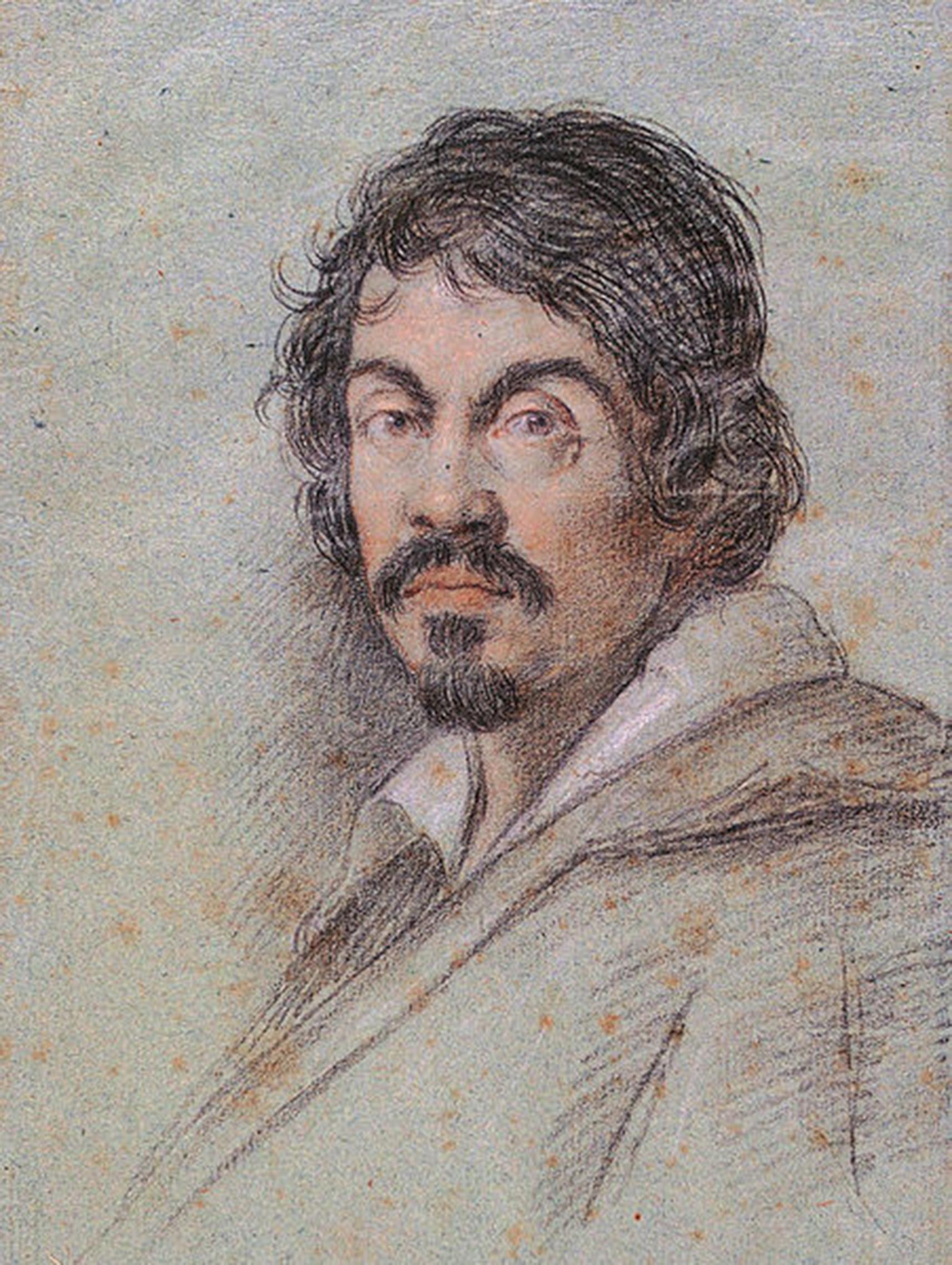 Ottavio Leoni, Ritratto di Caravaggio, 1621. Carboncino nero e pastelli su carta blu, Firenze, Biblioteca Marucelliana, inventario n. BMF DIS. VOL. H n. 4