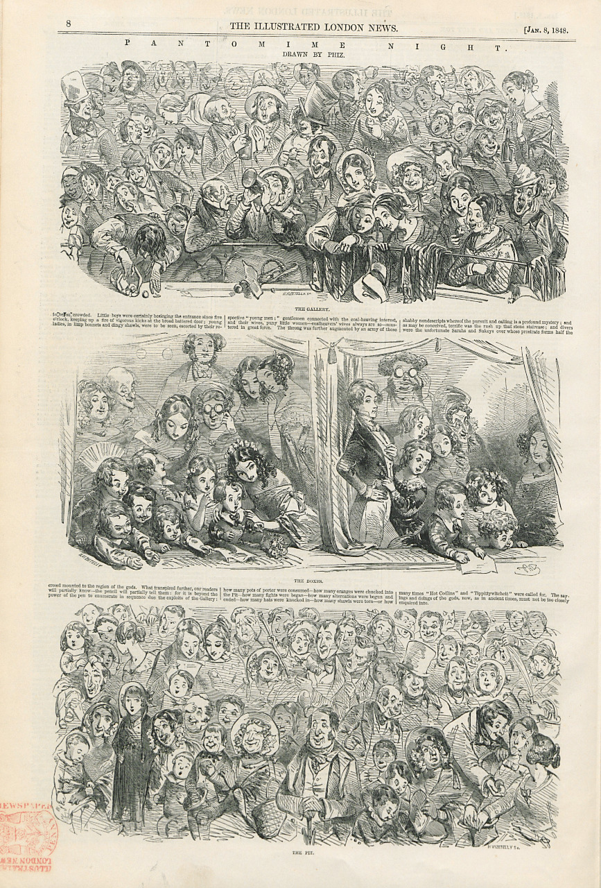 Phiz (Hablot K. Browne), Pantomime Night: The Gallery; The Pit; The Boxes. The Illustrated London News, 8 January 1848. Courtesy of the Sackler Library
