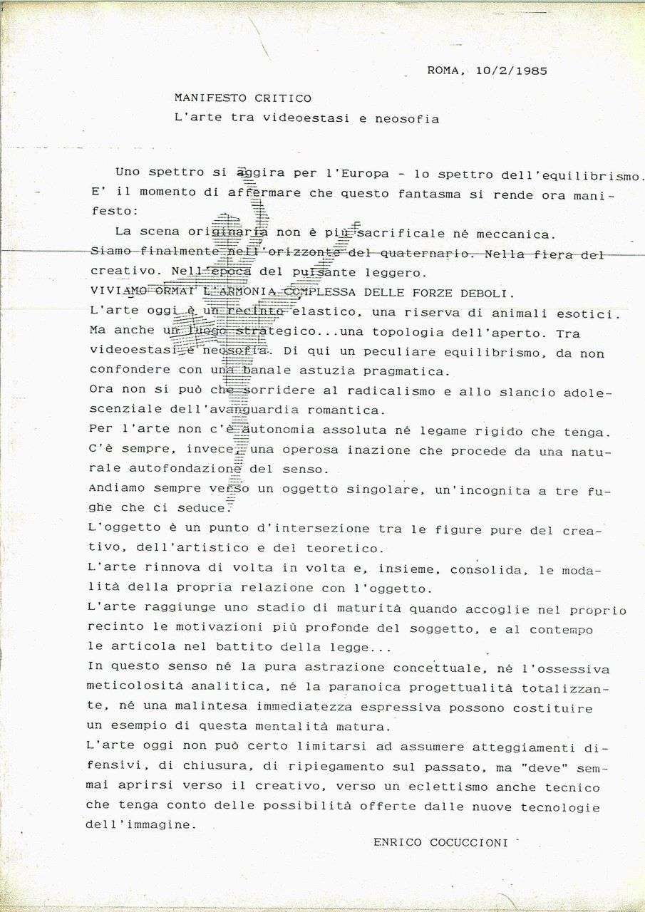  Enrico Cocuccioni, Manifesto critico. L’arte tra videostasi e neosofia, 1985, dattiloscritto, Archivio Il Pulsante Leggero