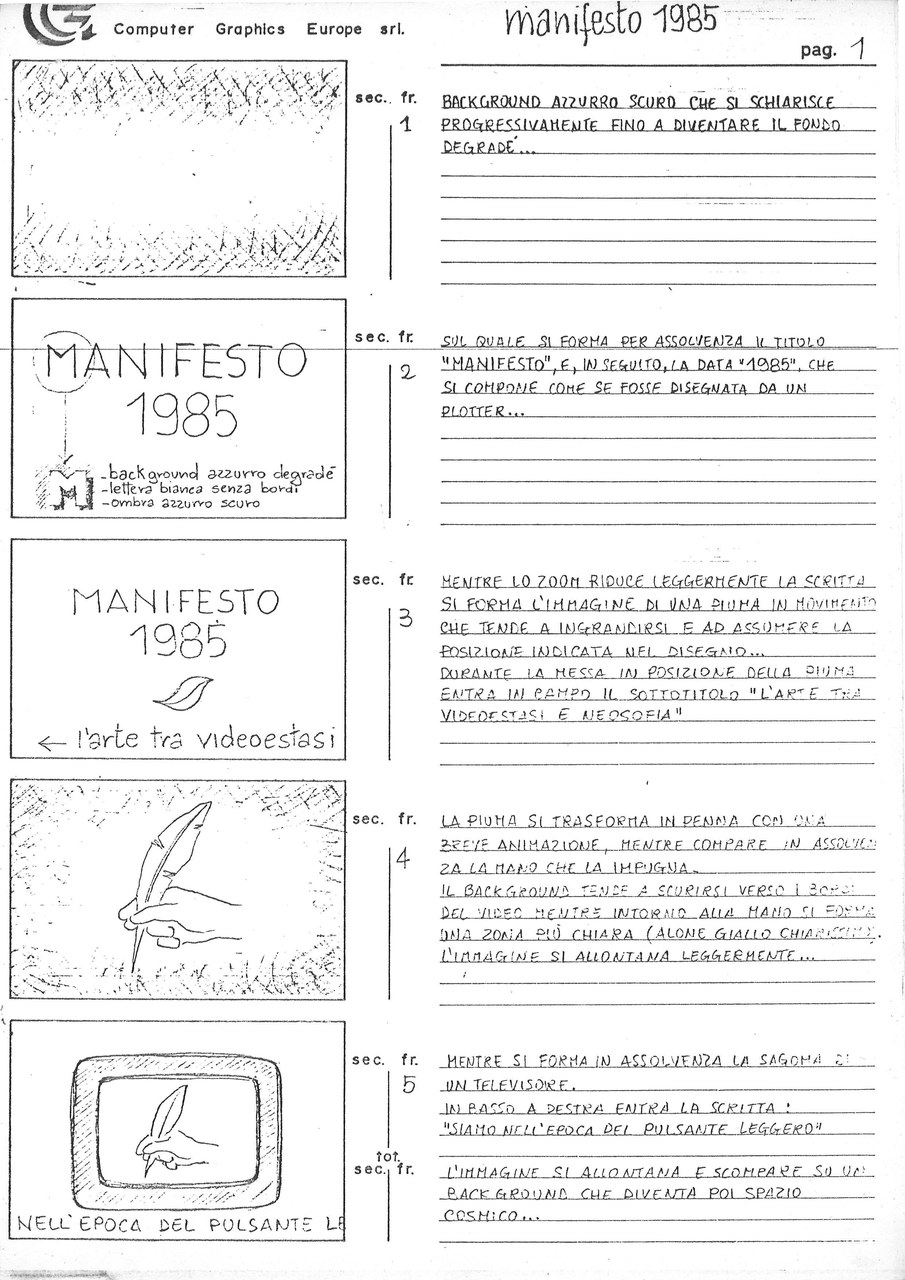  Enrico Cocuccioni, Manifesto 1985. L’arte tra videostasi e neosofia, 1985, storyboard p. 1 di 5, Archivio Il Pulsante Leggero