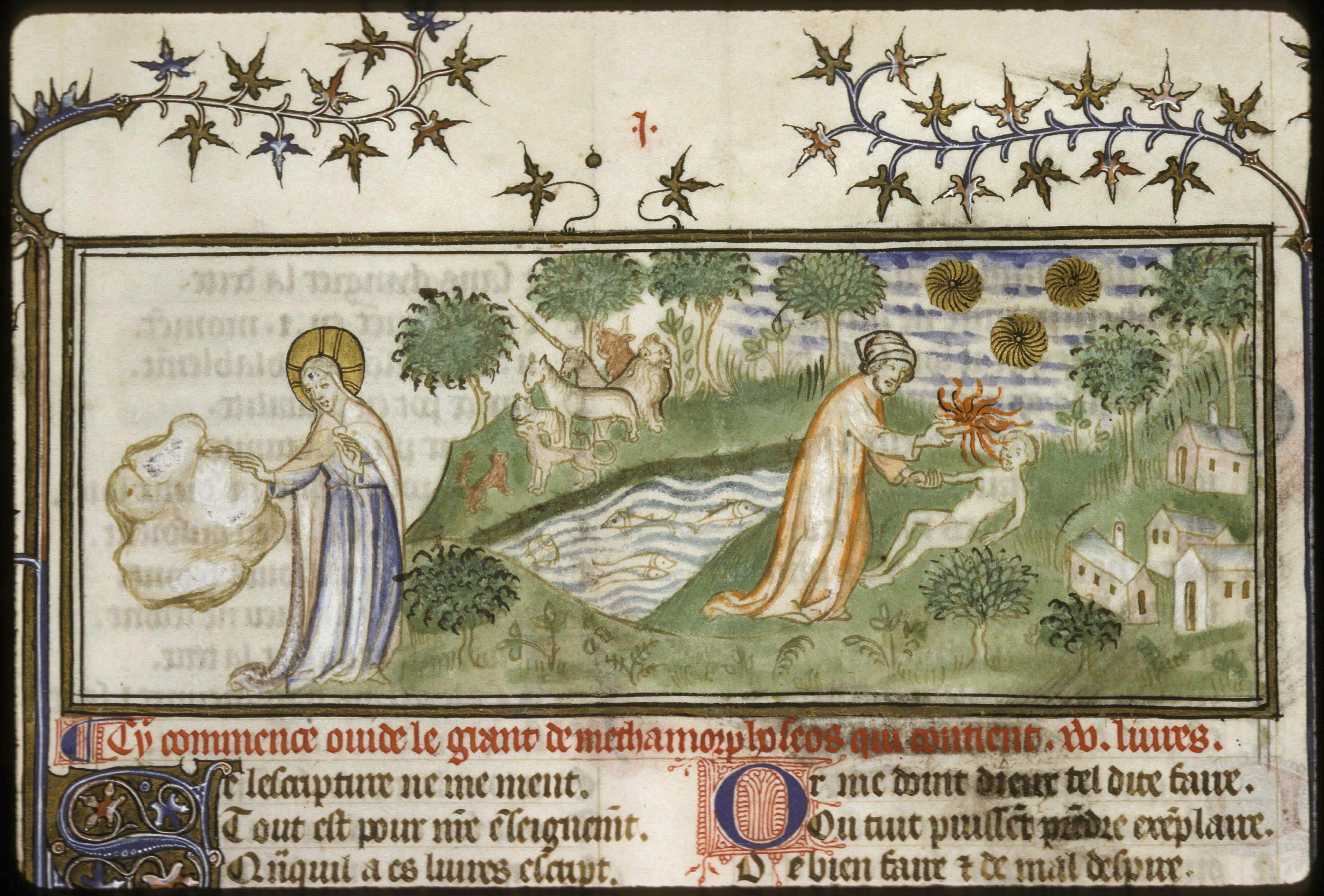 Maître du Policratique de Charles V, Creazione del mondo e Prometeo anima l’uomo, 1375-1399 circa, da Anonimo, Ovide moralisé, Lyon, Bibliothèque municipale, ms. 742, f. 4r Maître du Policratique de Charles V, Creazione del mondo e Prometeo anima l’uomo, 1375-1399 circa, da Anonimo, Ovide moralisé, Lyon, Bibliothèque municipale, ms. 742, f. 4r