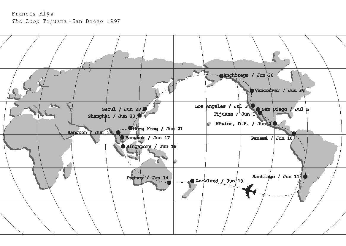  Francis Alÿs, The Loop, performance, San Diego/Tijuana, InSITE, 1997. Francis Alÿs, The Loop - Tijuana - San Diego, 1997 Ephemera of an action. Courtesy the artist and Galerie Peter Kilchmann, Zurich