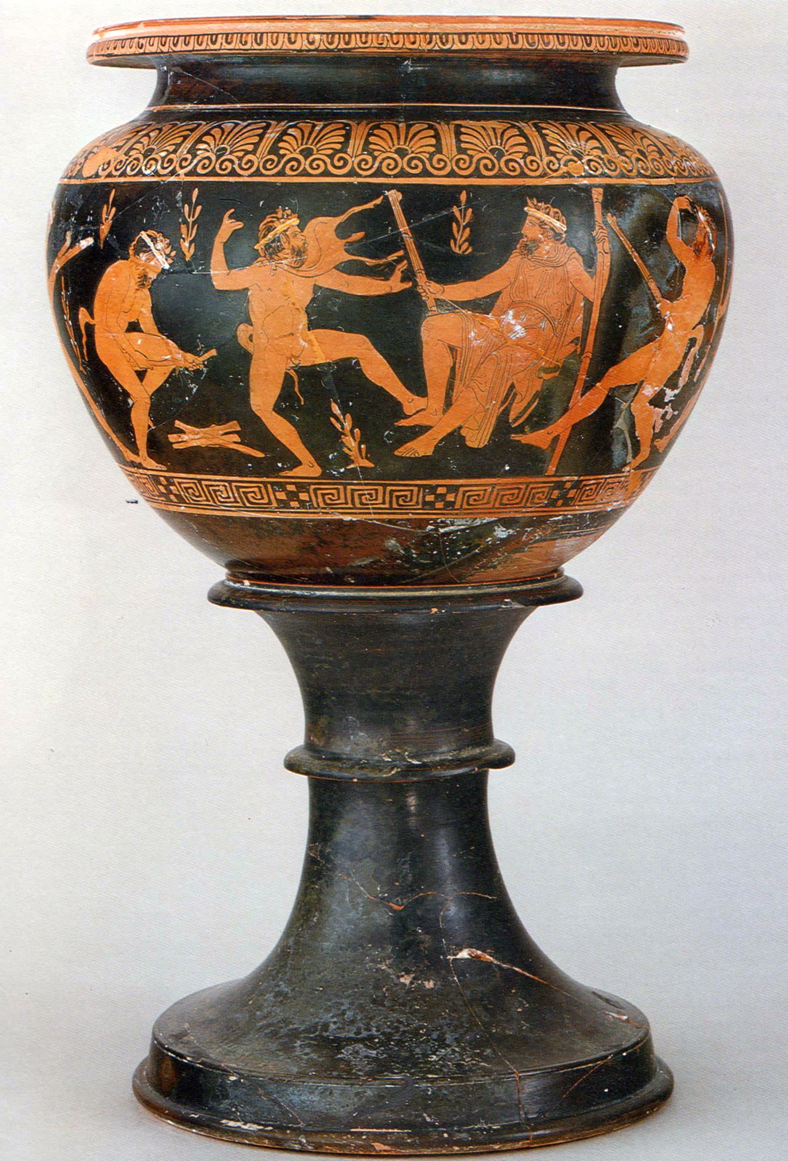 Dinos attico a figure rosse con Prometeo che consegna il fuoco ai satiri, 420 a.C. circa, Ancona, Museo Archeologico Nazionale delle Marche Dinos attico a figure rosse con Prometeo che consegna il fuoco ai satiri, 420 a.C. circa, Ancona, Museo Archeologico Nazionale delle Marche