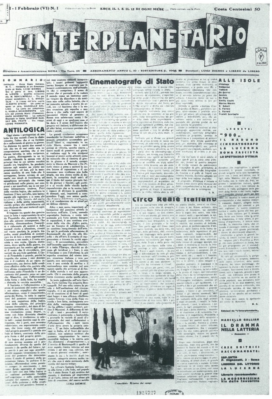 Primo numero del periodico L’Interplanetario, fondato da L. Diemoz e L. De Libero, 1 febbraio 1928