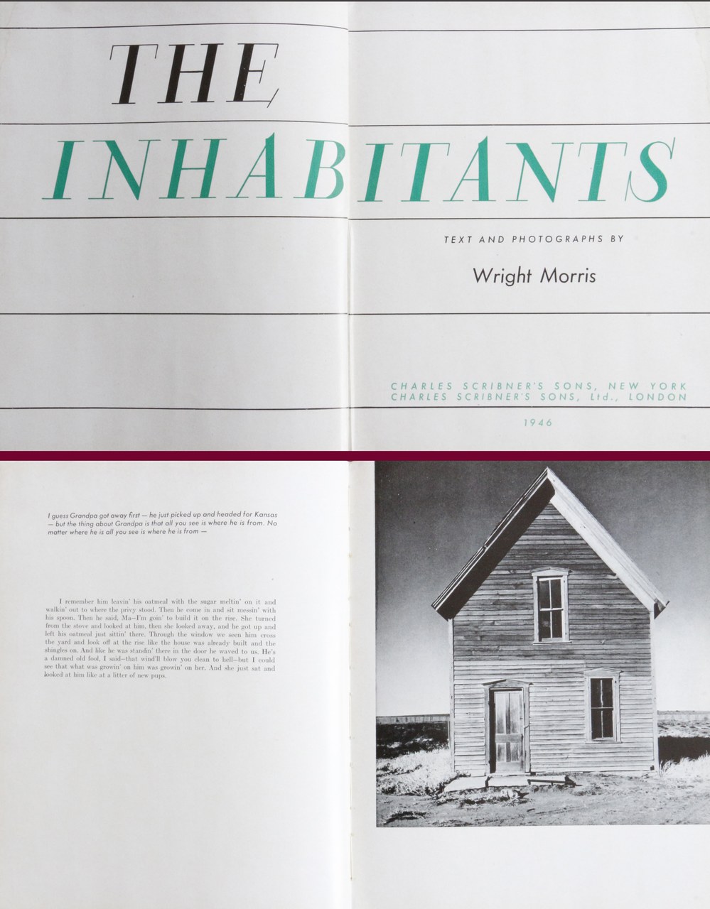 Wright Morris, The Inhabitants, New York, Charles Scribner’s Sons, 1946 (frontespizio e pagina interna)