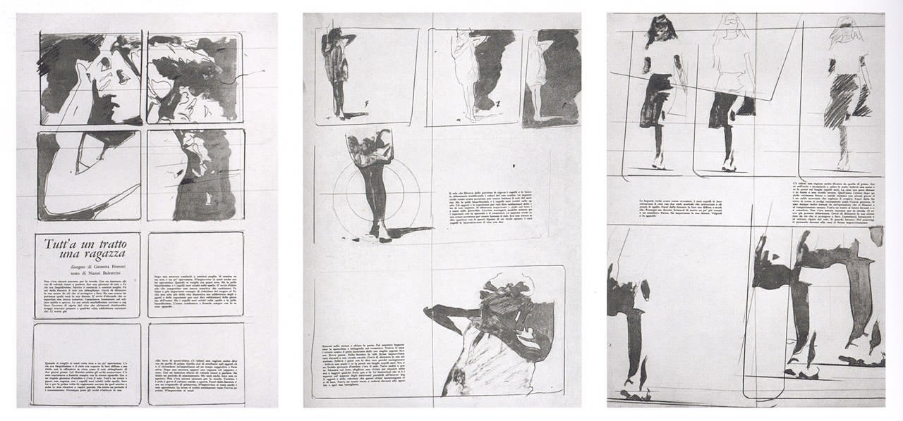 Tutt’a un tratto una ragazza, disegno di Giosetta Fioroni e testo di Nanni Balestrini, in La botte e il violino, marzo 1965 Tutt’a un tratto una ragazza, disegno di Giosetta Fioroni e testo di Nanni Balestrini, in La botte e il violino, marzo 1965