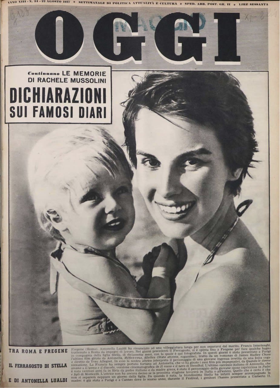 Antonella Lualdi e la figlia Stella in vacanza sulla copertina di Oggi, 1957 Antonella Lualdi e la figlia Stella in vacanza sulla copertina di Oggi, 1957