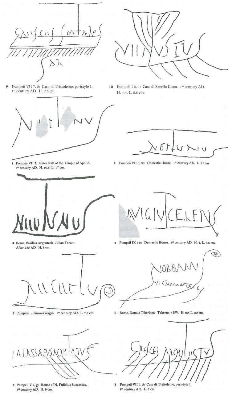 Selection of 10 ship-shaped name-graffiti from early Imperial Rome and Pompeii. (After Lagner 2001: Tafeln 1-2) Selection of 10 ship-shaped name-graffiti from early Imperial Rome and Pompeii. (After Lagner 2001: Tafeln 1-2)