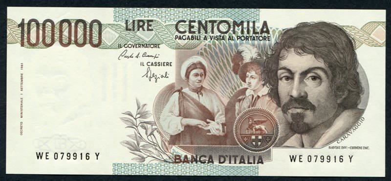 Banconota raffigurante Ritratto di Caravaggio di Ottavio Leoni, 1621 Banconota raffigurante Ritratto di Caravaggio di Ottavio Leoni, 1621