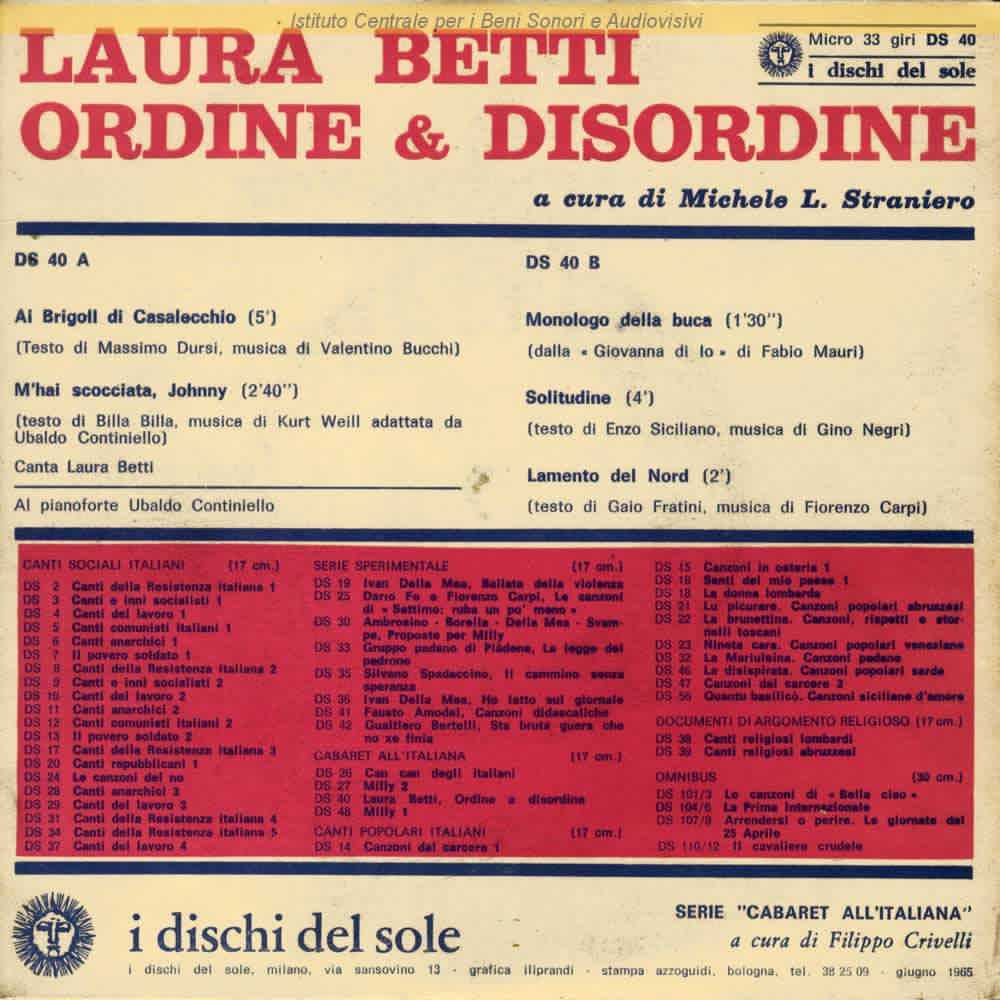 Copertina dell’album Laura Betti, Ordine e disordine, I dischi del sole Copertina dell’album Laura Betti, Ordine e disordine, I dischi del sole