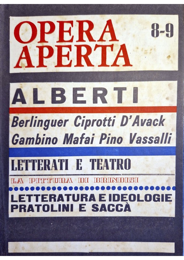 Copertina del numero 8-9 di Opera Aperta del 1967 in cui compare il contributo di de’ Giorgi dal titolo I letterati italiani e il teatro