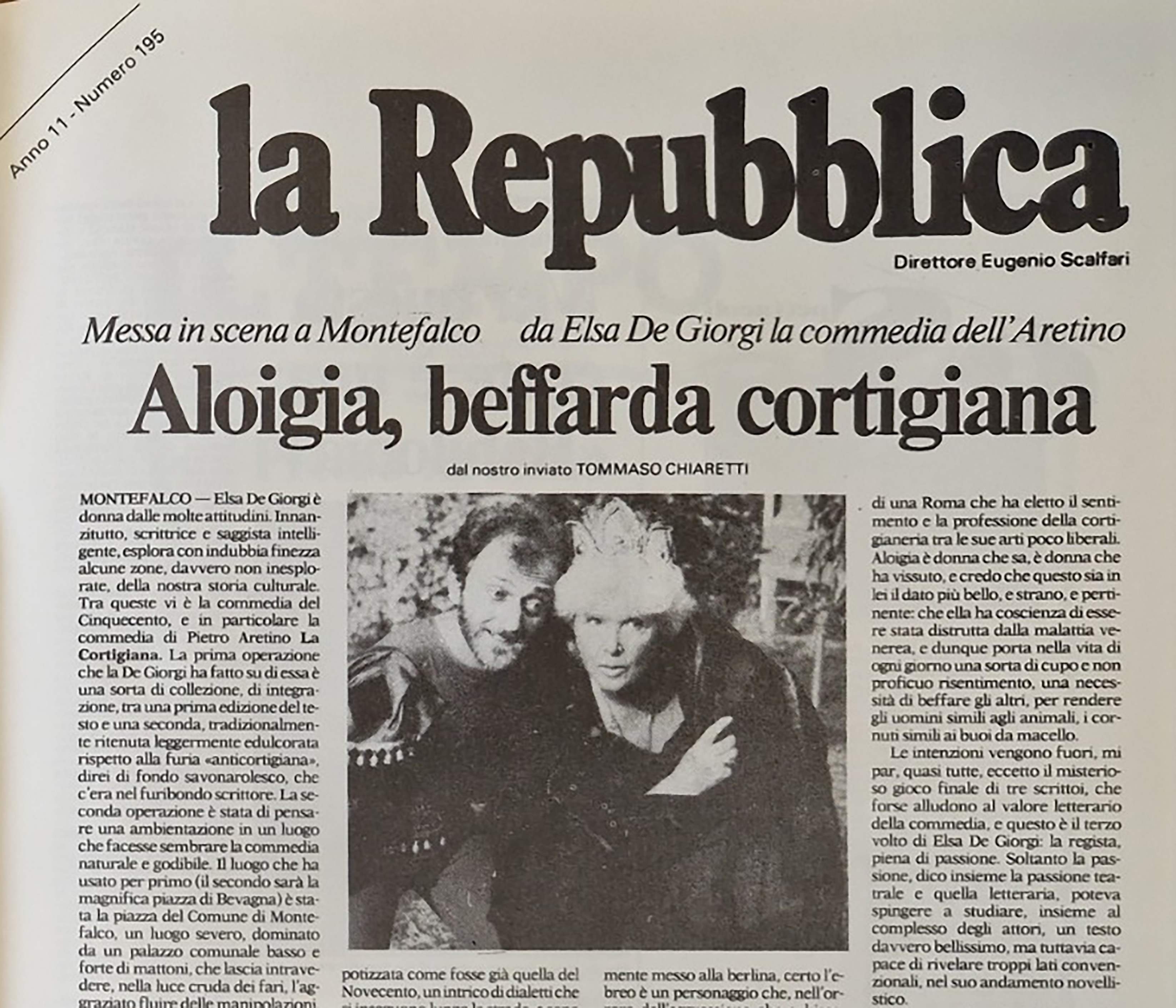 Frammento di un articolo tratto da La Repubblica in cui compare una foto che ritrae Elsa de’ Giorgi e Andrea Cagliesi in La Cortigiana, 1986