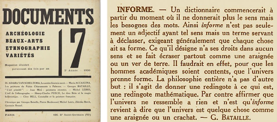 La copertina del Numero 7 della rivista Documents (1929) e la voce “Informe” di Georges Bataille dal Dizionario Critico La copertina del Numero 7 della rivista Documents (1929) e la voce “Informe” di Georges Bataille dal Dizionario Critico