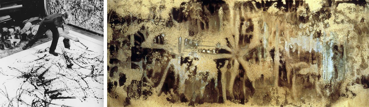 Jackson Pollock nel 1950 mentre realizza una delle sue opere con la tecnica del “dripping” - Andy Warhol, Oxidation Painting, 1978 Jackson Pollock nel 1950 mentre realizza una delle sue opere con la tecnica del “dripping” - Andy Warhol, Oxidation Painting, 1978