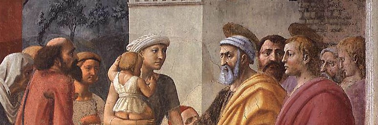  Masaccio, Distribuzione delle elemosine e morte di Anania, particolare, 1424-1428, Chiesa di Santa Maria del Carmine, Firenze